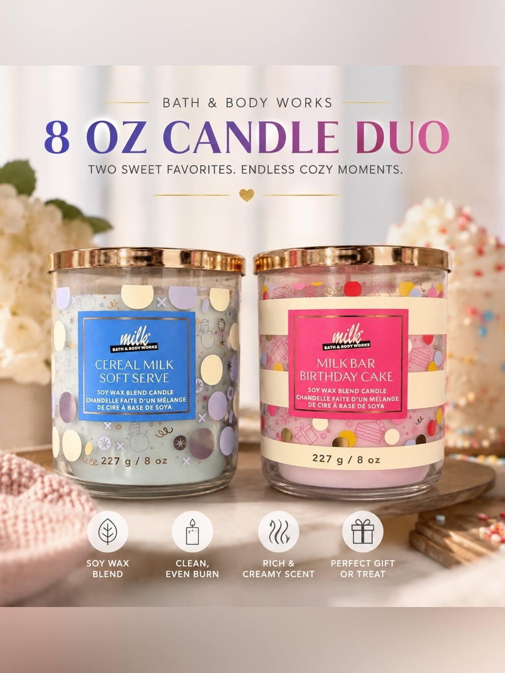 Bath & Body Works Milk Candle Duo — Blue & Pink